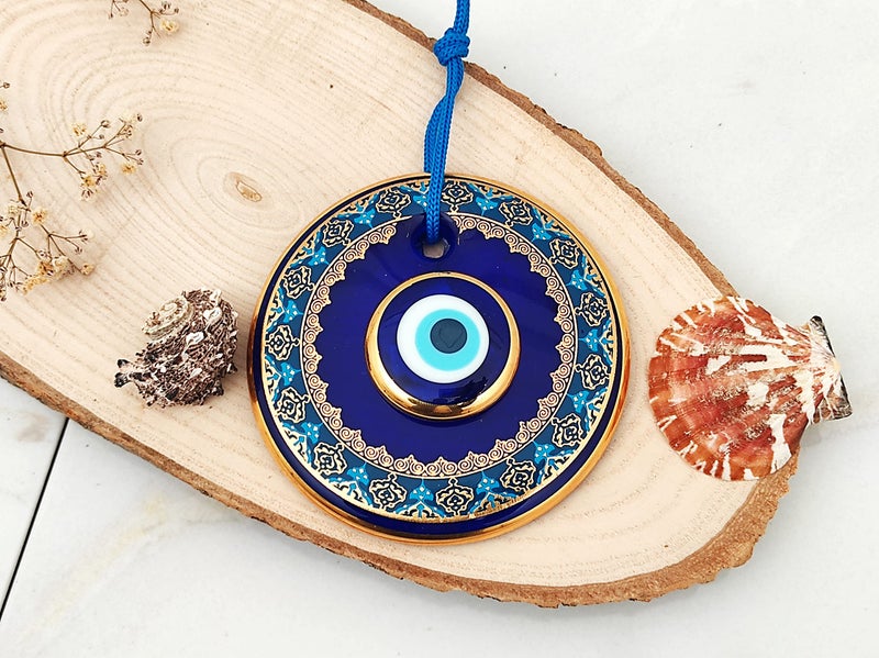 Erbulus 4.3" Glass Blue Evil Eye Wall Hanging Gold and Turquoise Floral Design Ornament â€“ Turkish Nazar Bead - Home Protection Charm - Wall Art Amulet in a Box - Image 3